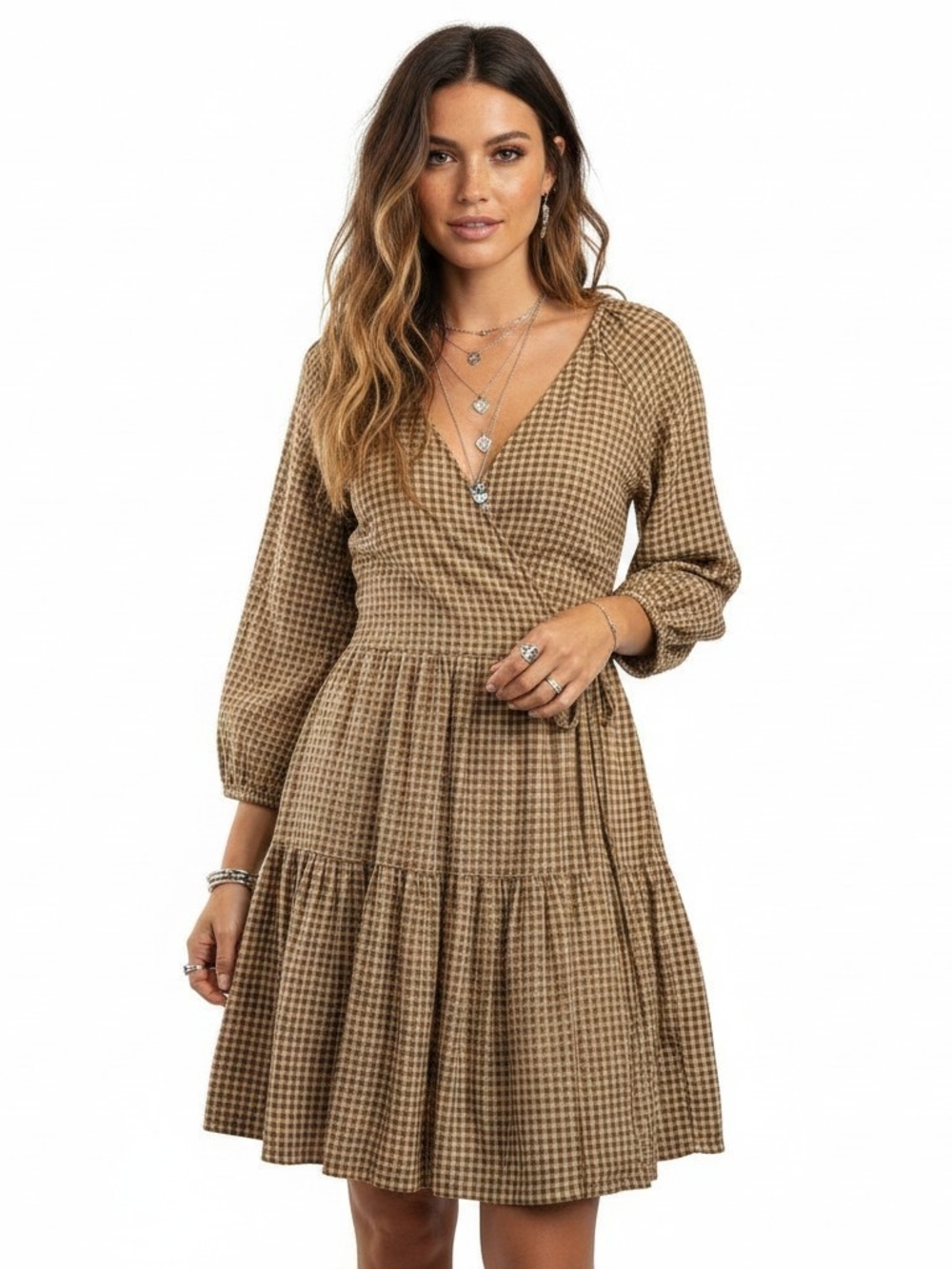 Madewell Gingham Puff-Sleeve Wrap Dress Golden Pecan Mini Brown Tan Size XSmall
